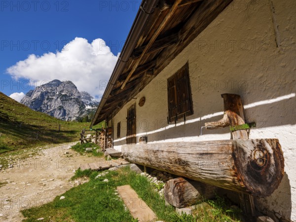 Wooden fountain trough at the Halsalm, with the Reiteralpe above, Ramsau near Berchtesgaden, Berchtesgadener Land, Upper Bavaria, Bavaria, Germany, Europe