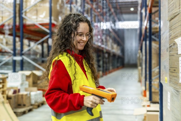Happy young woman working scanning products in a distribution warehouse