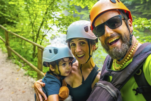 Happy family wearing helmets, taking a selfie at the vintgar gorge, a wooden footbridge in bled, slovenia