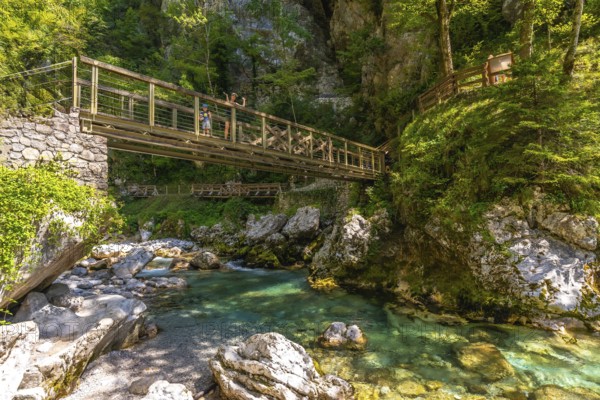 Tourists walking on a wooden bridge over tolminska river in the tolmin gorges, triglav national park, slovenia
