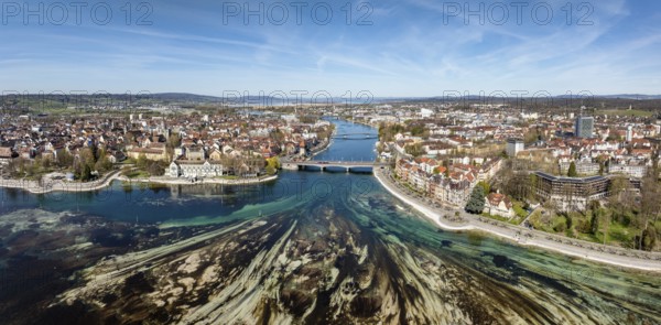 Aerial view, panorama of Lake Constance and the Seerhein also Rhine funnel at low water with the city of Constance and the old Rhine bridge, where the Rhine officially begins at kilometre zero, district of Constance, Baden-Württemberg, Germany, Europe