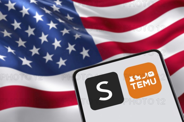 Temu and Shein app logo online marketplace from China with USA United States of America flag online commerce ecommerce on a mobile phone in Stuttgart, Germany, Europe