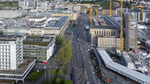 Arnulf-Klett-Platz, Stuttgart Central Station with Bonatzbau. Construction site Stuttgart 21. aerial view. Stuttgart, Baden-Württemberg, Germany, Europe