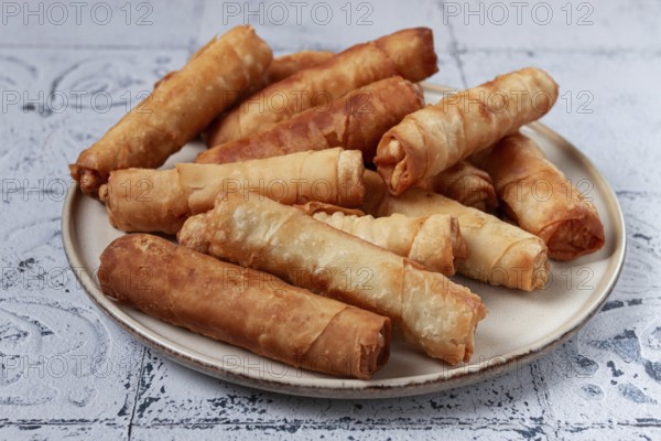 Fried spring rolls with cheese, on a plate, with cream sauce, no people