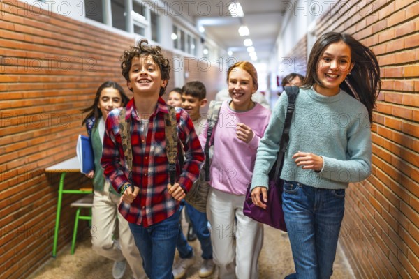 Cheerful students running through the school hallway, filled with laughter and excitement, enjoying their time together after the class bell rings
