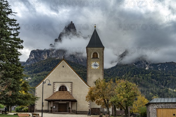 The Church of the Holy Cross in Siusi allo Sciliar, South Tyrol, Italy, Europe