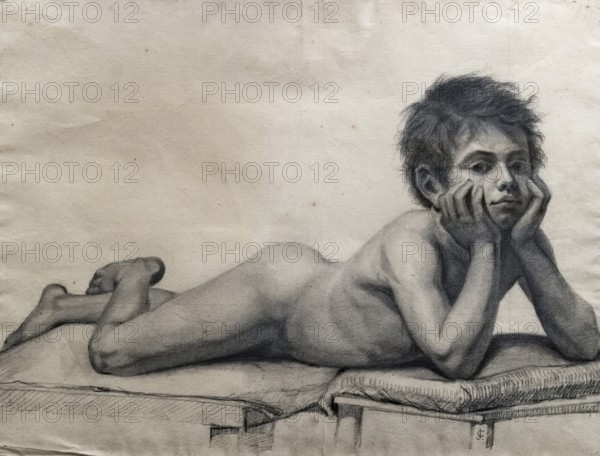 Naked child lying on his stomach, painting by Jean-Baptiste Cariven (1843 to 1904, French painter, reproduction of a 19th century painting, digitally restored, historical, A pensive boy lies naked on his stomach and rests his head on his hands