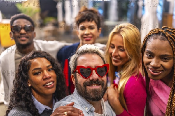 Man with heat shape sunglasses taking selfie with friends outdoors during night in the terrace of a bar