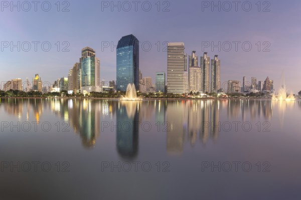 Benjakitti Park, eastern water zone with water fountain, a municipal park in the Khlong Toei district, Bangkok, Thailand, Asia
