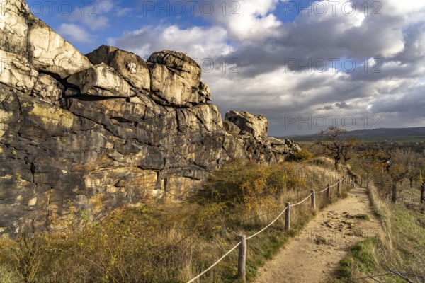 Hiking trail at the Devil's Wall rock formation in the Harz district near Thale and Weddersleben, Saxony-Anhalt, Germany, Europe