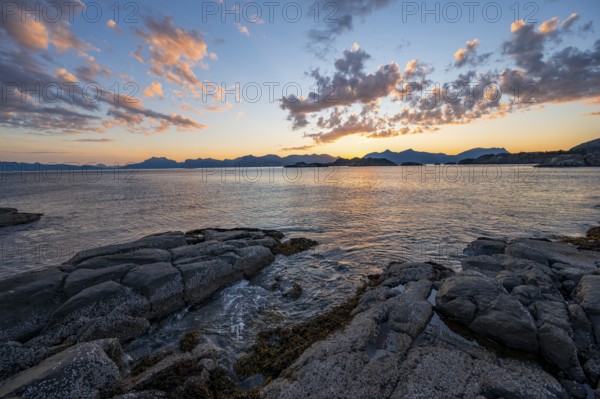 Rocky coast, coastal landscape at sunset, Henningsvær, Lofoten, Nordland, Norway, Europe