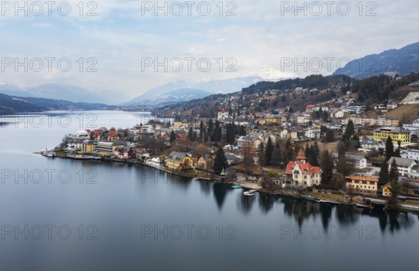 Drone shot, view of the town, Millstatt, Lake Millstatt, Carinthia, Austria, Europe