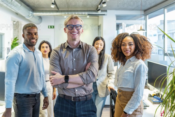 Diverse team of professionals standing together in a modern coworking office, showcasing teamwork and collaboration in a startup environment