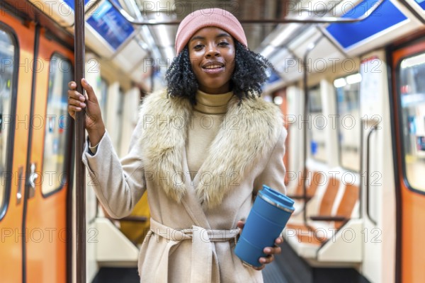 Smiling young black woman wearing winter coat and pink wool hat holding reusable coffee cup while riding subway train
