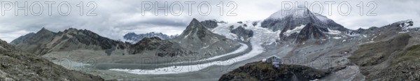 Aerial view, Alpine panorama, mountain hut Cabane des Dix, mountain landscape with glacier Glacier de Cheilon and summit Mont Blanc de Cheilon, Valais, Western Alps, Switzerland, Europe