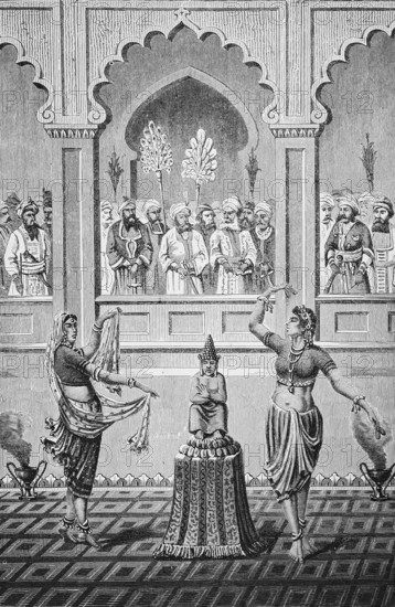 Dancers at the court of a maharaja, elegant movements, dance around a Buddha statue, male spectators with turban, interior, architecture, historical illustration, India, 19th century woman, Asia