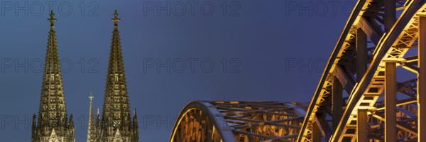 LED lights, evening mood at Cologne Cathedral, Hohenzollern Bridge, Cologne, North Rhine-Westphalia, Germany, Europe