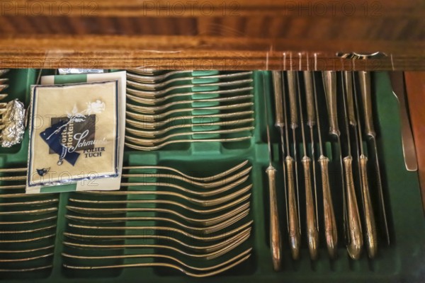 Lost Places, abandoned house, vacant building, old-fashioned furniture, good parlour, living room 1950s style, living in the economic miracle, furniture of the 50s, cutlery box, grandma's silver cutlery, district Honau, Lichtenstein, Baden-Württemberg, Germany, Europe