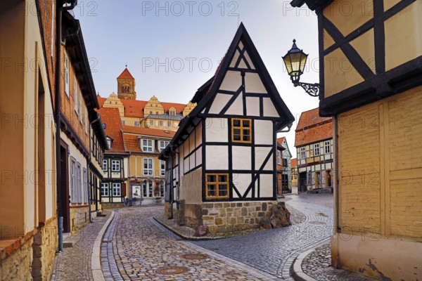 Half-timbered houses in Finkenherd with Schlossberg, alley in the old town centre of the World Heritage town of Quedlinburg, Saxony-Anhalt, Germany, Europe