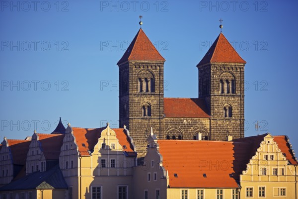Castle hill ensemble with collegiate church of St Servatius on the castle hill, old town, Quedlinburg, Saxony-Anhalt, Germany, Europe