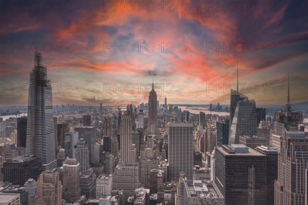 New York, United States, January 5, 2020: Sunset in Top of the Rock in New York, beautiful view of the Empire State and its surroundings, North America
