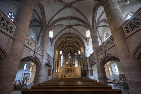 Interior with altar of the Church of St Nicholas and St Ulrich, nave built around 1400, Kirchenberg 15, Nuremberg-Mögeldorf, Middle Franconia, Bavaria, Germany, Europe
