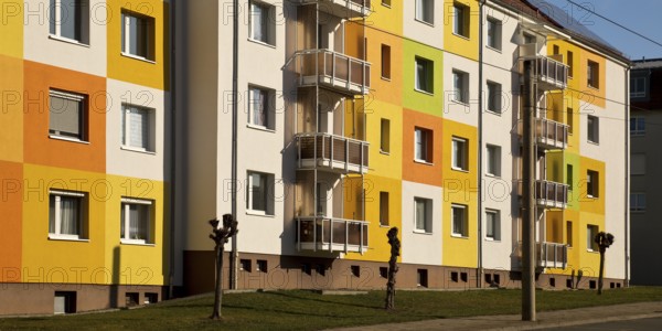 Geometrically and colourfully designed apartment buildings of a housing association, Halberstadt, Saxony-Anhalt, Germany, Europe