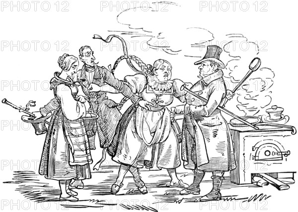The Lucerne dispute over plaits, cook has plaited hair in two plaits according to old custom, the maid has only one immodestly pinned up plait, an official with a top hat decides the dispute, kitchen, cooker, steaming pot, parody, satire, woodcut illustration, Swiss calendar for 1848