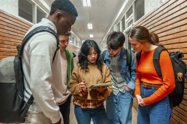 Diverse group of high school students collaborating on a project using a digital tablet in a school hallway
