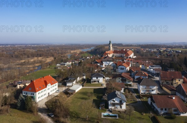 Drone shot, view of the village with Augustinian monastery Reichersberg, Reichersberg, Innviertel. Upper Austria, Austria, Europe
