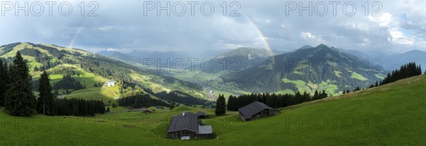 Alpine panorama in summer, rainbow, alpine hut, view over the Brixen valley, Hochbrixen, Brixen im Thale, Kitzbühel Alps, Tyrol, Austria, Europe