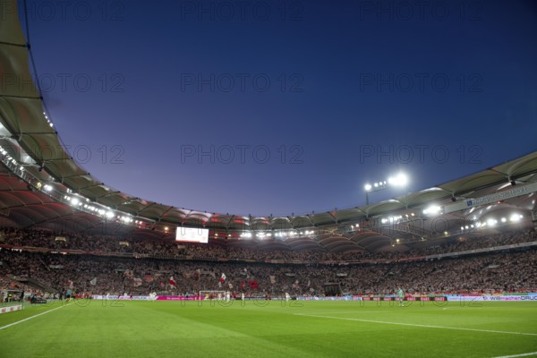 Long shot, overview, floodlight match, blue hour, Cannstatter Kurve, MHPArena, MHP Arena Stuttgart, Baden-Württemberg, Germany, Europe