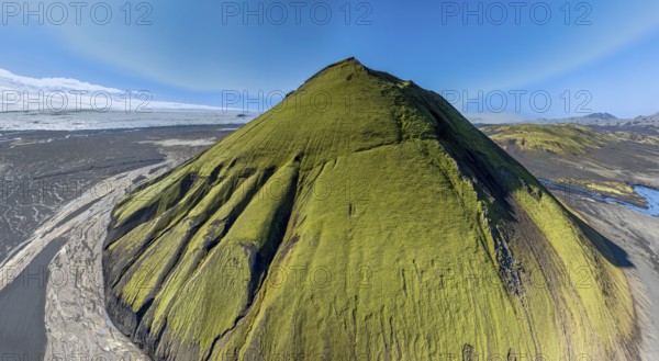 Aerial view, Mælifell mountain covered with moss, Maelifell, black sand desert Mælifellssandur, glacial streams, glacier Myrdalsjökull, Icelandic highlands, Iceland, Europe