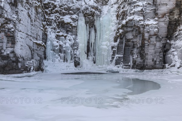 Gorge, canyon, river, waterfall, icy, ice, snow, winter, Abisko Canyon, Abisko National Park, Laponia, Lapland, Sweden, Europe