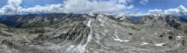Panorama, mountain landscape with rocky mountain peaks, Hohe Gradenscharte with view into Gradental and Debantal, aerial view, Schober group, Hohe Tauern National Park, Eastern Alps, Carinthia, Austria, Europe