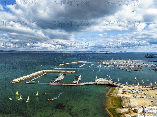 Sailboats on Portland Branch RNSA Moorings from a drone, Portland Harbour and Marina, Portland, Dorset, England, United Kingdom, Europe