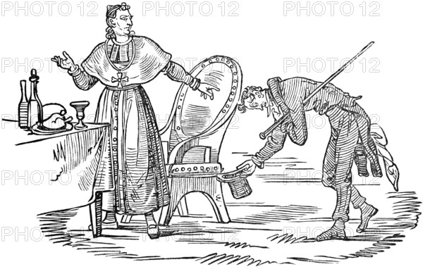 The obsequious priest Thaddeus apologises to the papal nuncio for a heretical speech on the battlefield at Sempach, Lucerne Catholicism, City of Lucerne in 1830, Reverend at table, Food, drink, meal, parody, satire, Lucerne, woodcut illustration, Swiss calendar for 1848