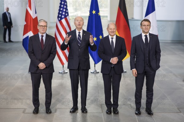 Keir Starmer (Prime Minister of the United Kingdom), Joe Biden (46th President of the United States), Olaf Scholz (Chancellor of the Federal Republic of Germany) and Emmanuel Macron (President of the French Republic) at the family photo in the Federal Chancellery, Berlin, 18 October 2024