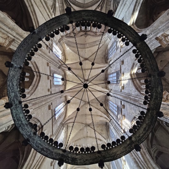 Interior view with view through the Gothic chandelier, Cathedral of St Stephen and St Sixtus, Halberstadt, Saxony-Anhalt, Germany, Europe
