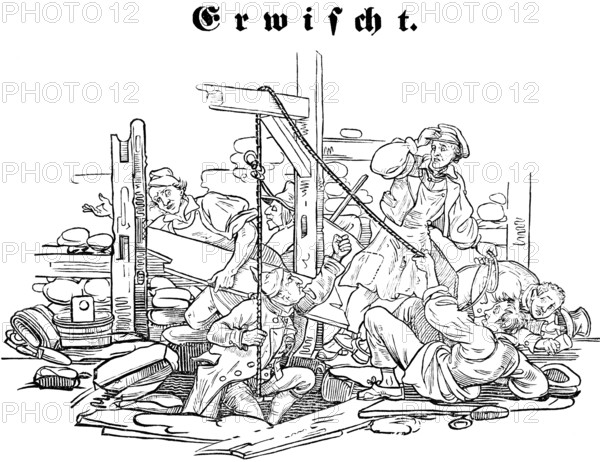 Caught, rich builder refuses to pay his servants, official caught in the act, house building, bricklayer trade, carpenter, work, avarice, subject, illegal labour, woodcut illustration, Swiss calendar for 1848