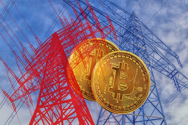Symbolic image, Bitcoin questionable due to extreme energy consumption, nonsensical electricity demand, stock market prices, insecure digital currency, resources, energy, industry, economy critical, stock market hype, stock market crash, payment, insolvency, wrong decisions, maximum profit, profit slump, share prices, Germany as a business location, global economy, globalisation, environmental protection, mafia, Trump government, Bitcoin rally, cryptocurrency, electronic wallet, crypto reserve, price development, stock market trading
