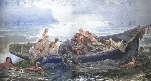 The Fisherman and the Mermaids, Fisherman distracted from his work by the mermaids, 1880, after a painting by Wilhelm Kray, reproduction of an original, around 1900, historical, coloured, Surviving a dramatic shipwreck in stormy sea waves