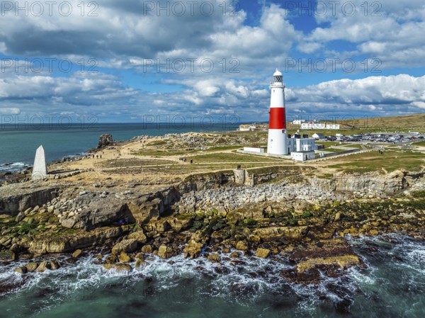 Portland Bill Lighthouse from a drone, Portland Bill, Isle of Portland, Dorset, England, United Kingdom, Europe