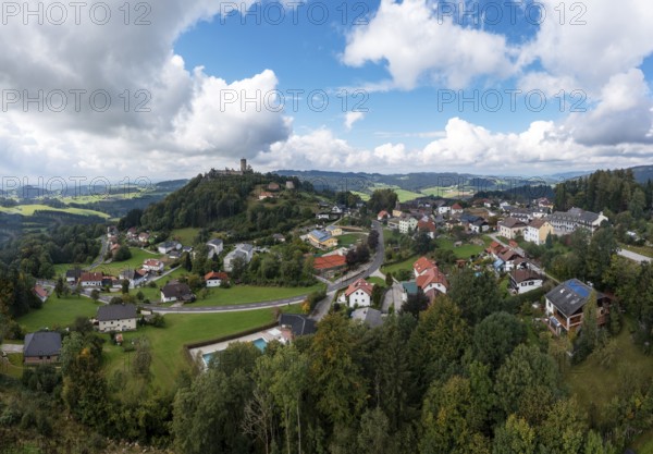 Drone shot, view of the town, Waxenberg castle ruins, Waxenberg, Mühlviertel, Upper Austria, Austria, Europe