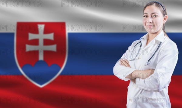 Female doctor on Slovakian flag. Doctor with crossed arms on Slovakian flag. Slovakia health and care concept