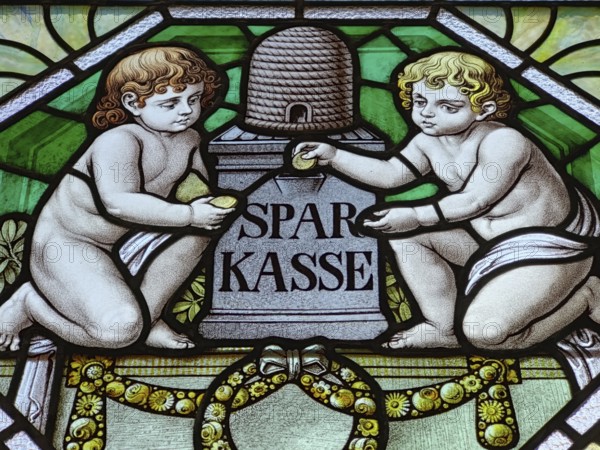 Stained glass window with savings bank motif, Art Nouveau, Quedlinburg, Saxony-Anhalt, Germany, Europe
