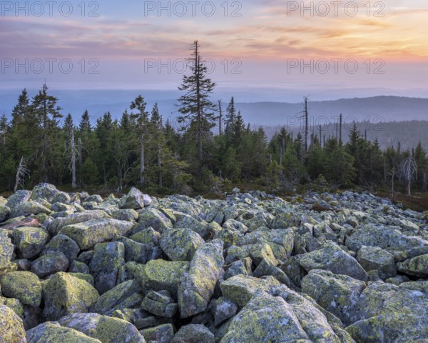 View from the Lusen with Blockmeer at dusk, Bavarian Forest National Park, Lower Bavaria, Bavaria, Germany, Europe