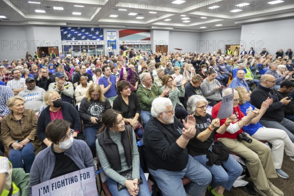 Warren, Michigan USA - 29 March 2025 - The Michigan Democratic Party hosted a 'People's Town Hall.' An overflow crowd at a UAW hall listened to Sen. Chris Murphy (D-Conn) and Representative Maxwell Frost (D-Fl). Speakers targeted Representative John James, a Republican who represents the Macomb County district where the event was held, for refusing to meet with his constituents