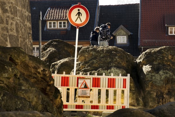 Closure at the so-called cliffs for pedestrians on the Schlossberg with children playing, Quedlinburg, Saxony-Anhalt, Germany, Europe