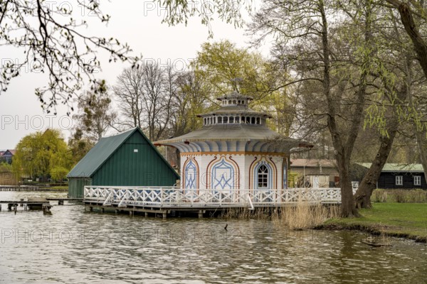 The Chinese Pavilion on Lake Zierker See in Neustrelitz, Mecklenburg Lake District, Mecklenburg-Western Pomerania, Germany, Europe